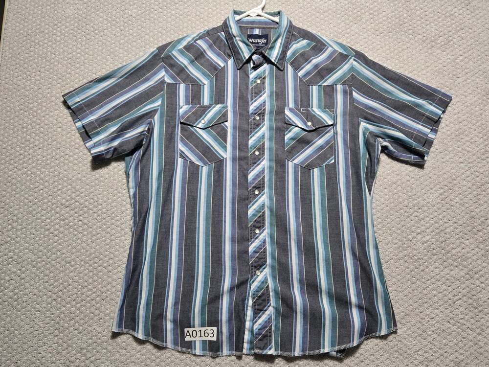 Wrangler Western Shirt Mens Larhe Short Sleeve Blue Green Striped Pearl Snap